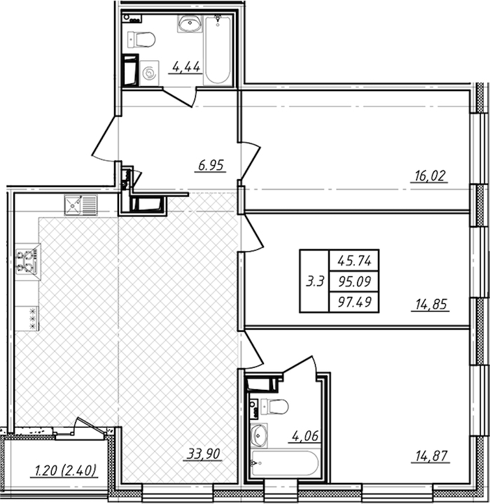 3-комнатная квартира 95.09 м², 13/13 эт., ЖК «Чёрная речка»
